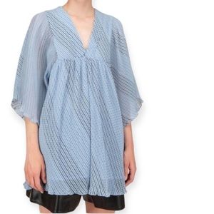 GANNI Blue Striped Pleated Georgette Tunic Top